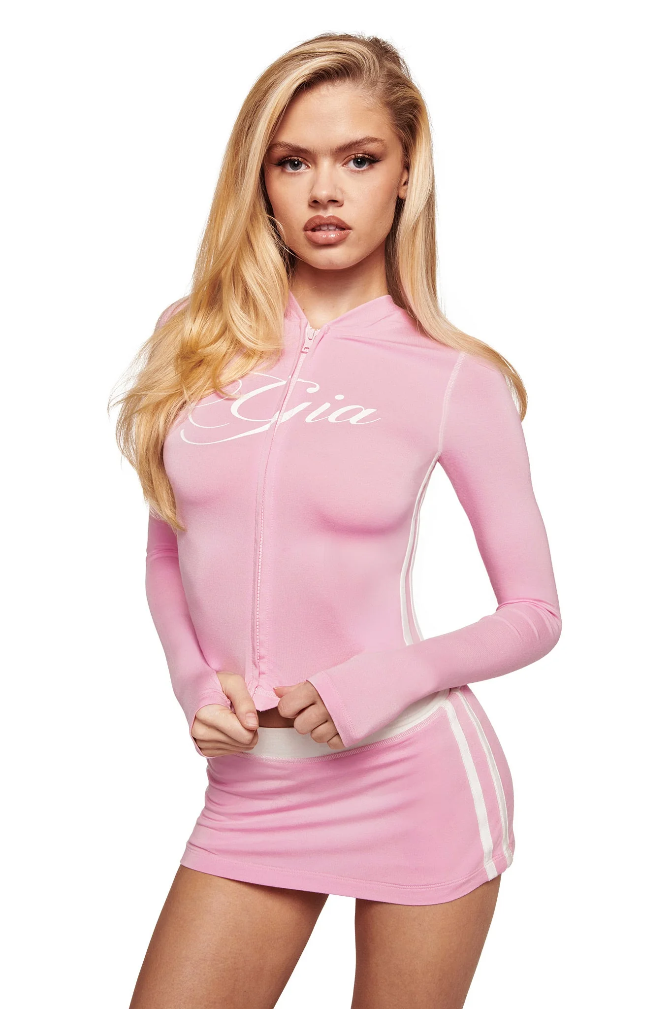 BLARE PIPING HOODIE - BABY PINK AND WHITE - Image 4