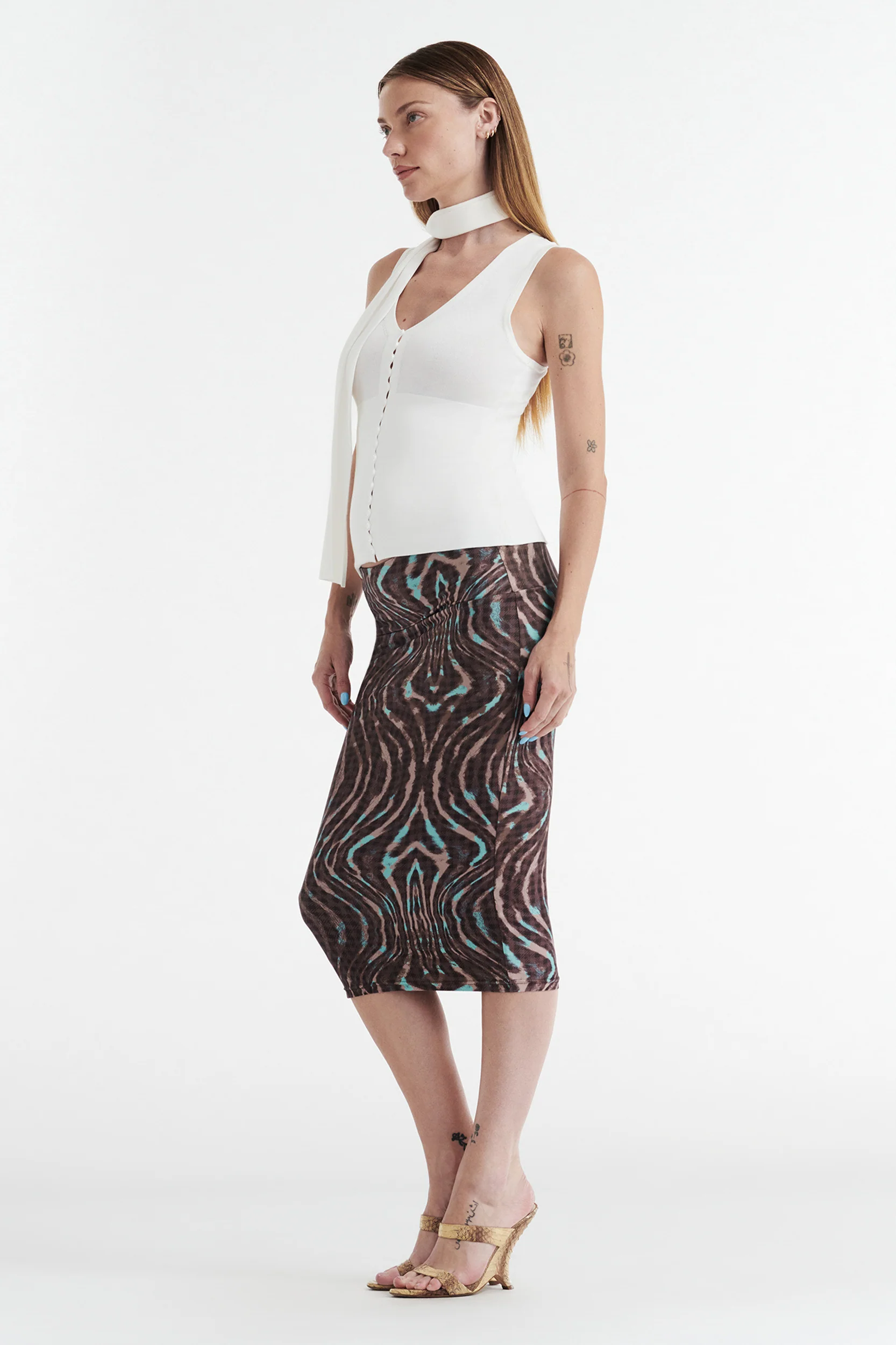 GISELLE STRETCH MIDI TUBE SKIRT - WARPED CHECK - Image 3