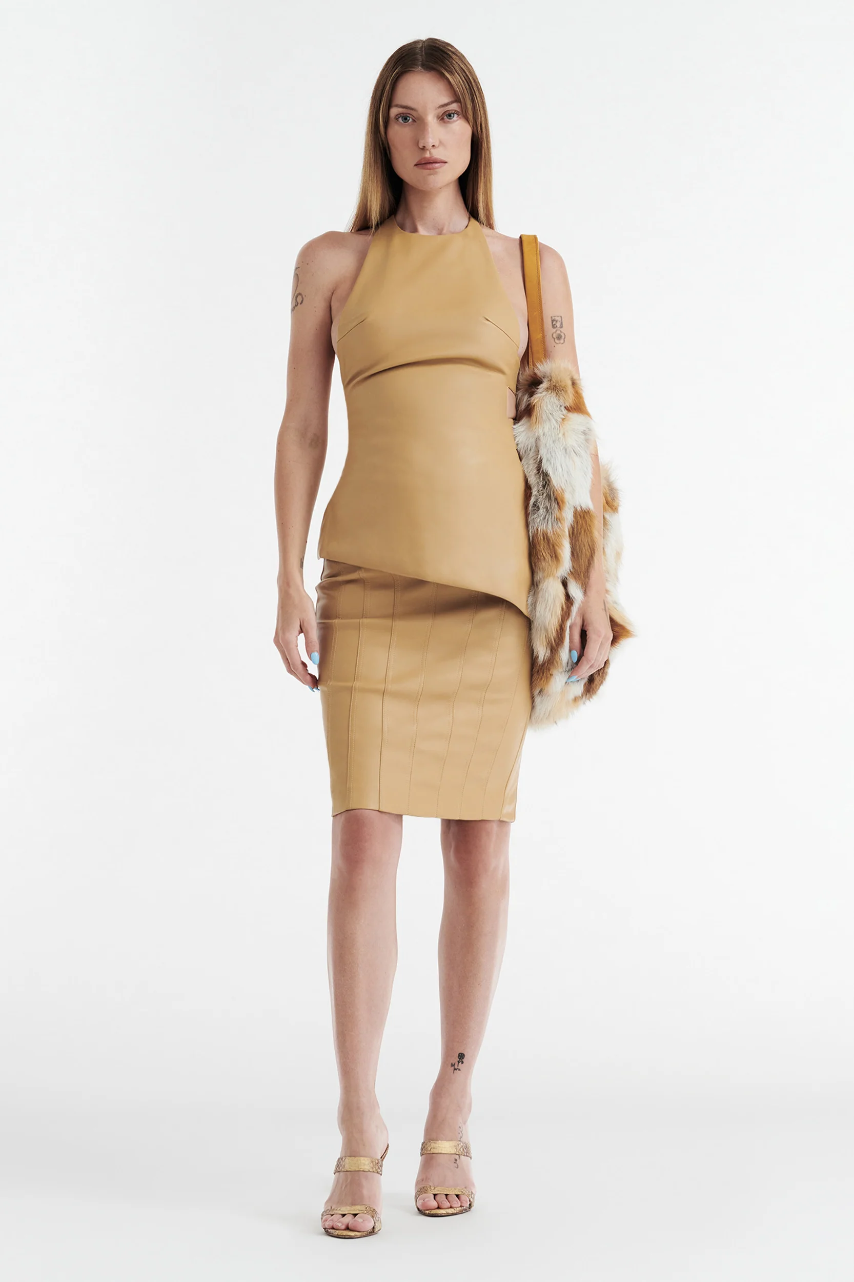 INES ASYMMETRICAL FAUX LEATHER TOP - TAN - Image 2