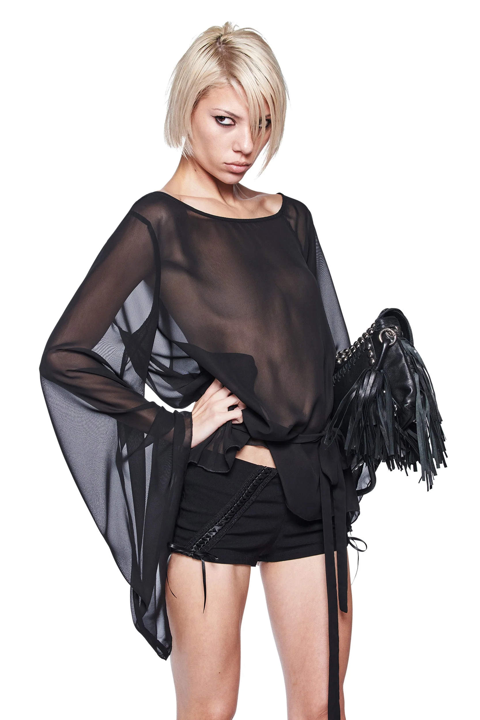 MALINA LONG SLEEVE PONCHO TOP - BLACK - Image 7