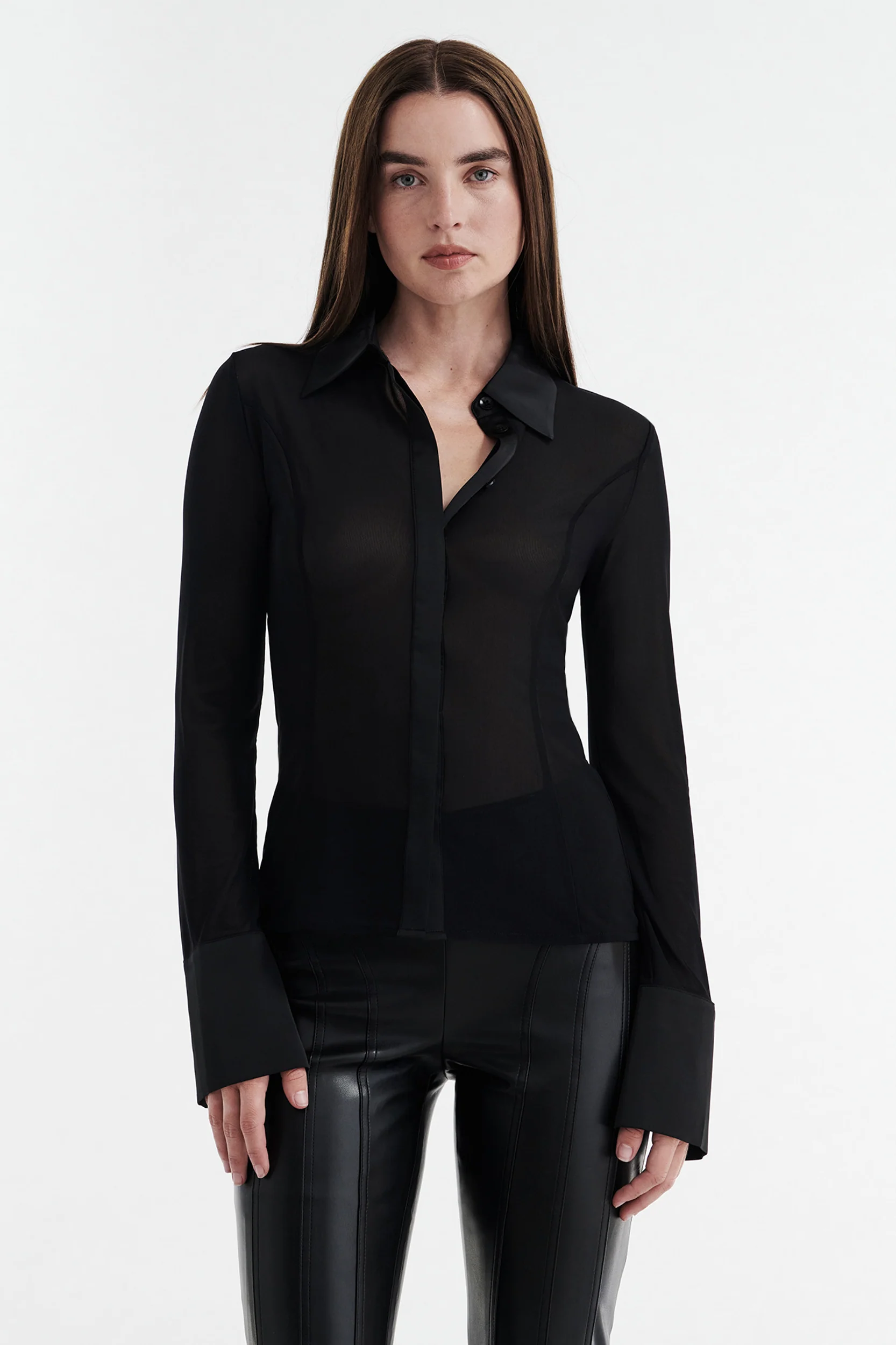 SOLANGE MESH LONG SLEEVE BUTTON UP SHIRT - BLACK - Image 2